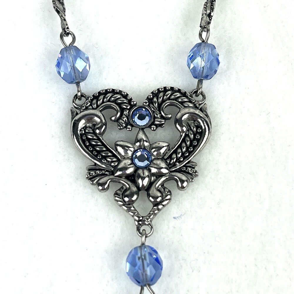 Vintage Avon Y-Drop Lariat Necklace Filigree Silver Heart Blue Rhinestones 17in